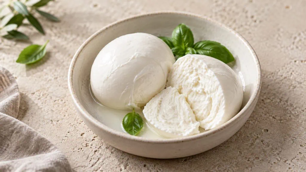 Mozzarella fraîche entière et coupée dans un bol en grès