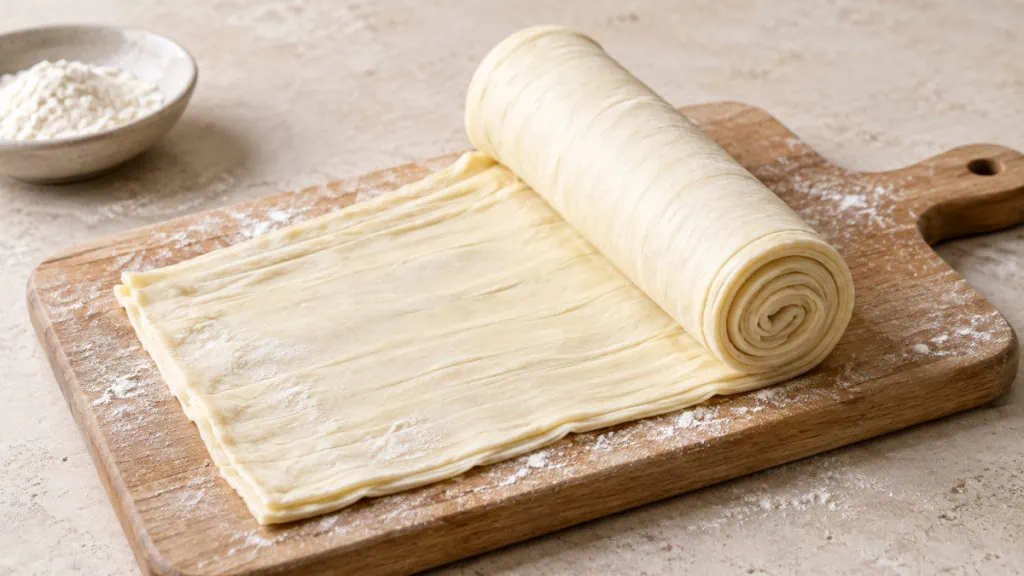 Pâte feuilletée portugaise crue roulée sur une planche
