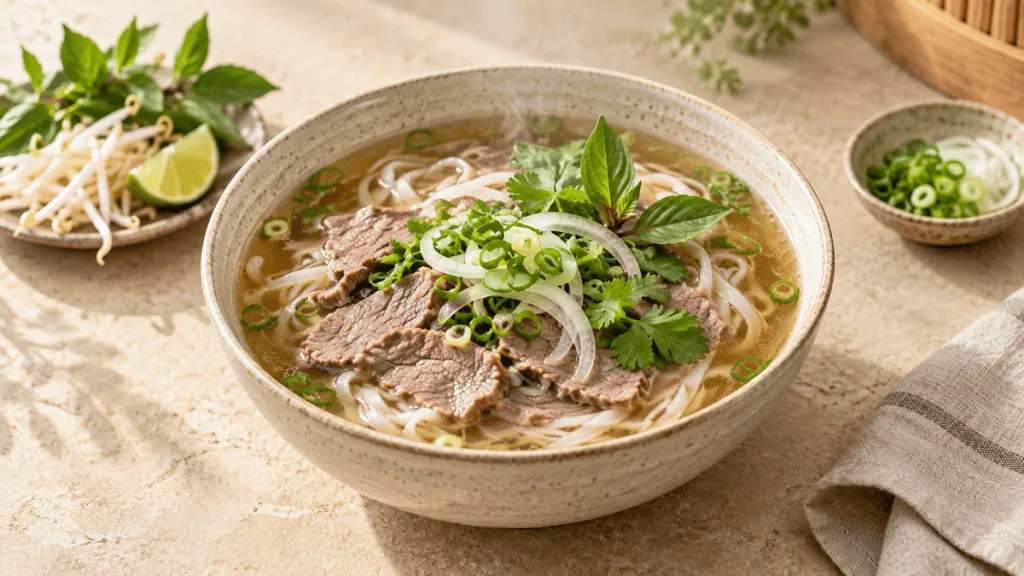 Bol de phở bò traditionnel au bœuf et aux herbes fraîches