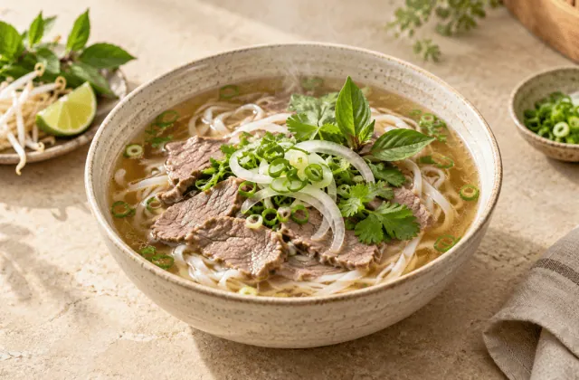 Bol de phở bò traditionnel au bœuf et aux herbes fraîches