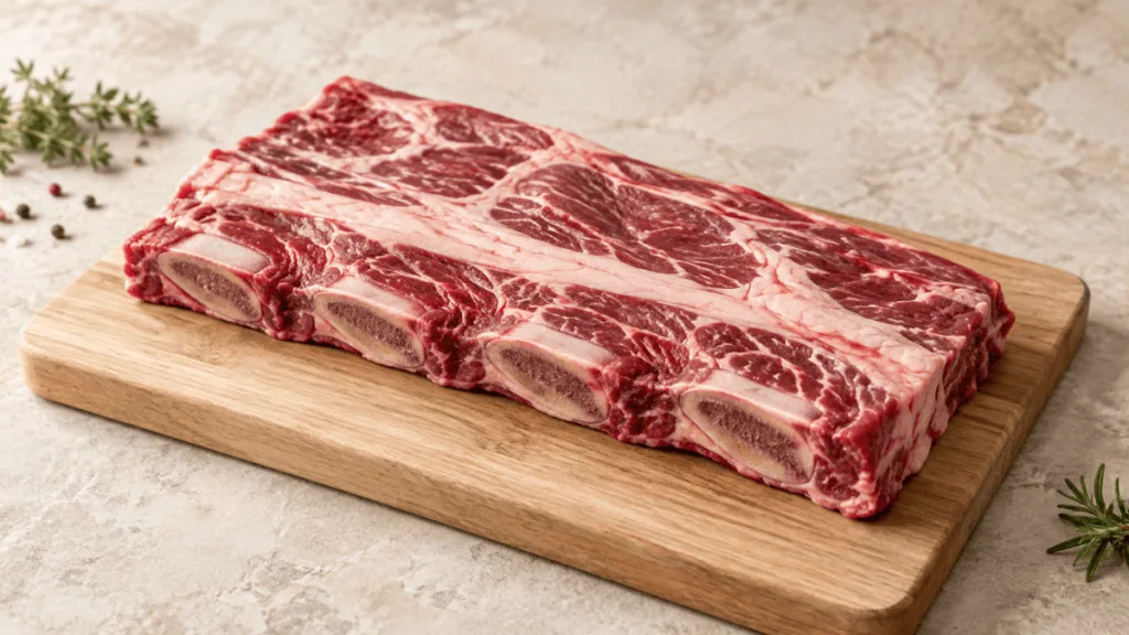 Plat de côte de bœuf cru sur une planche en bois clair