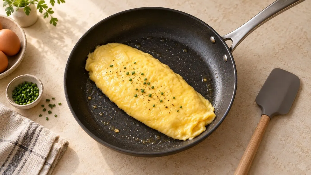 Omelette cuite doucement dans une poêle antiadhésive avec une spatule en silicone