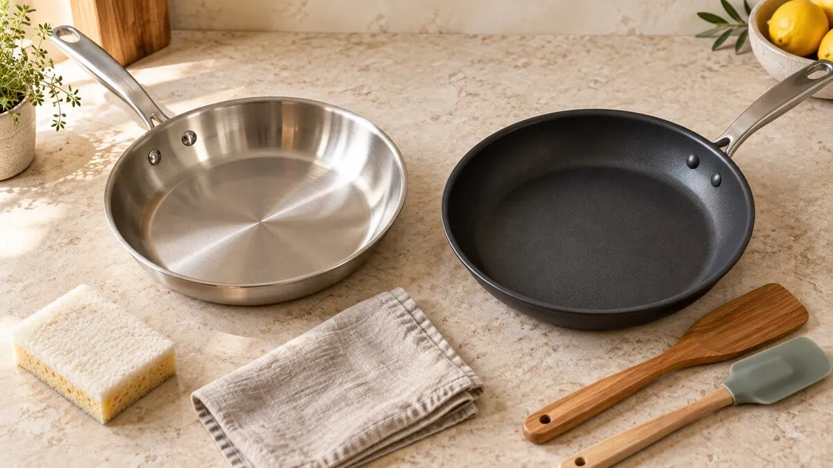 Poêles inox et antiadhésive avec une éponge douce et des spatules en bois et silicone