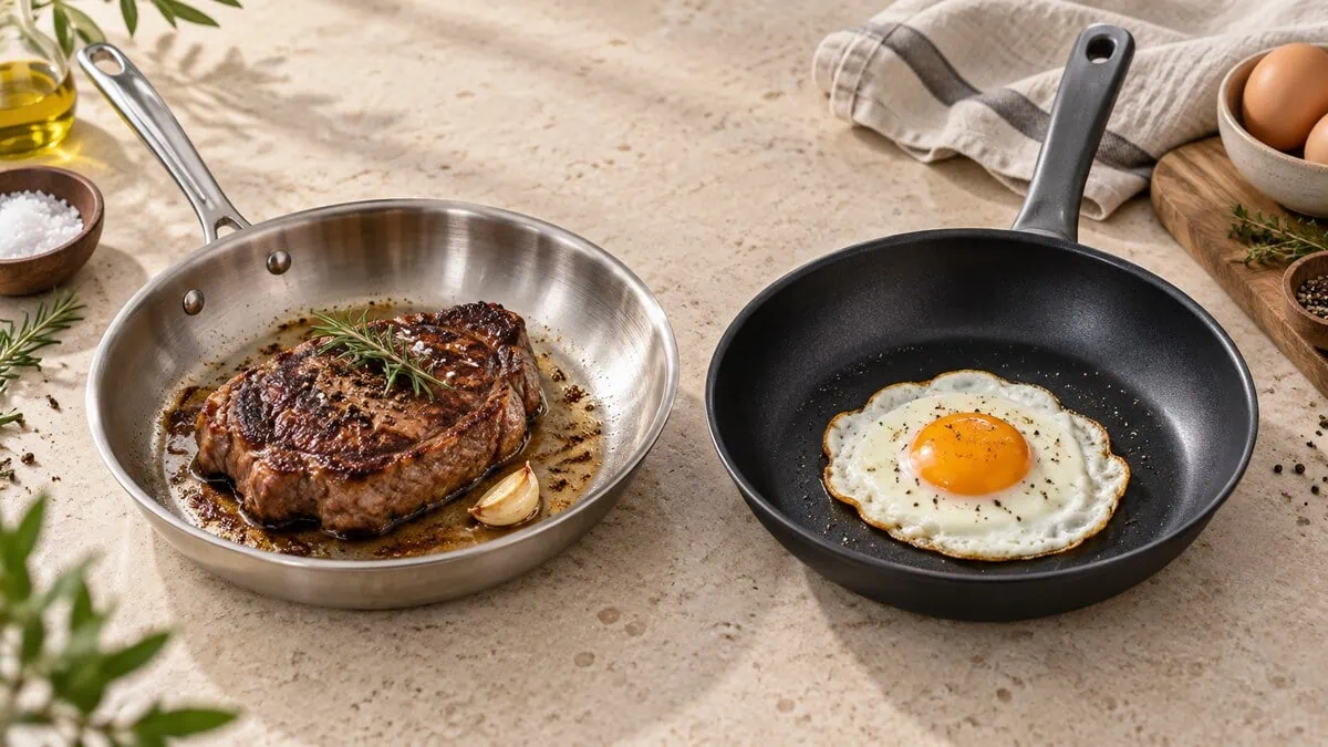 Poêle inox avec un steak saisi et poêle antiadhésive avec un œuf au plat