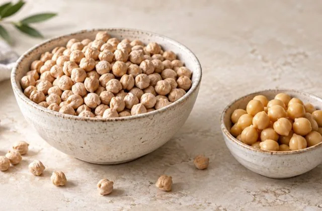 Pois chiches secs dans un bol en grès