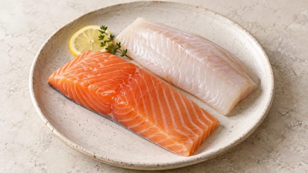 Filets crus de saumon et de poisson blanc dans un plat