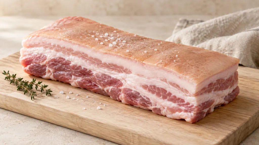 Poitrine de porc demi-sel crue avec couenne et couches de chair et de gras