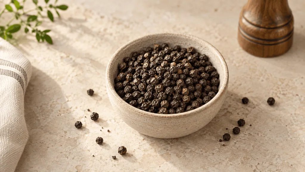Grains de poivre noir dans un bol en grès