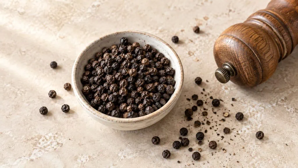 Grains de poivre noir avec moulin en bois