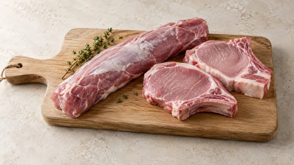 Filet mignon et côtes de porc crus sur une planche en bois