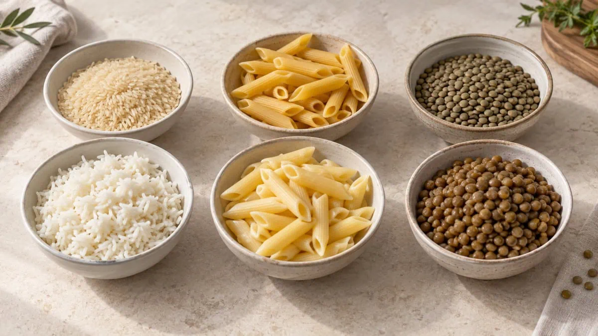 Riz, pâtes et lentilles présentés secs puis cuits dans des bols