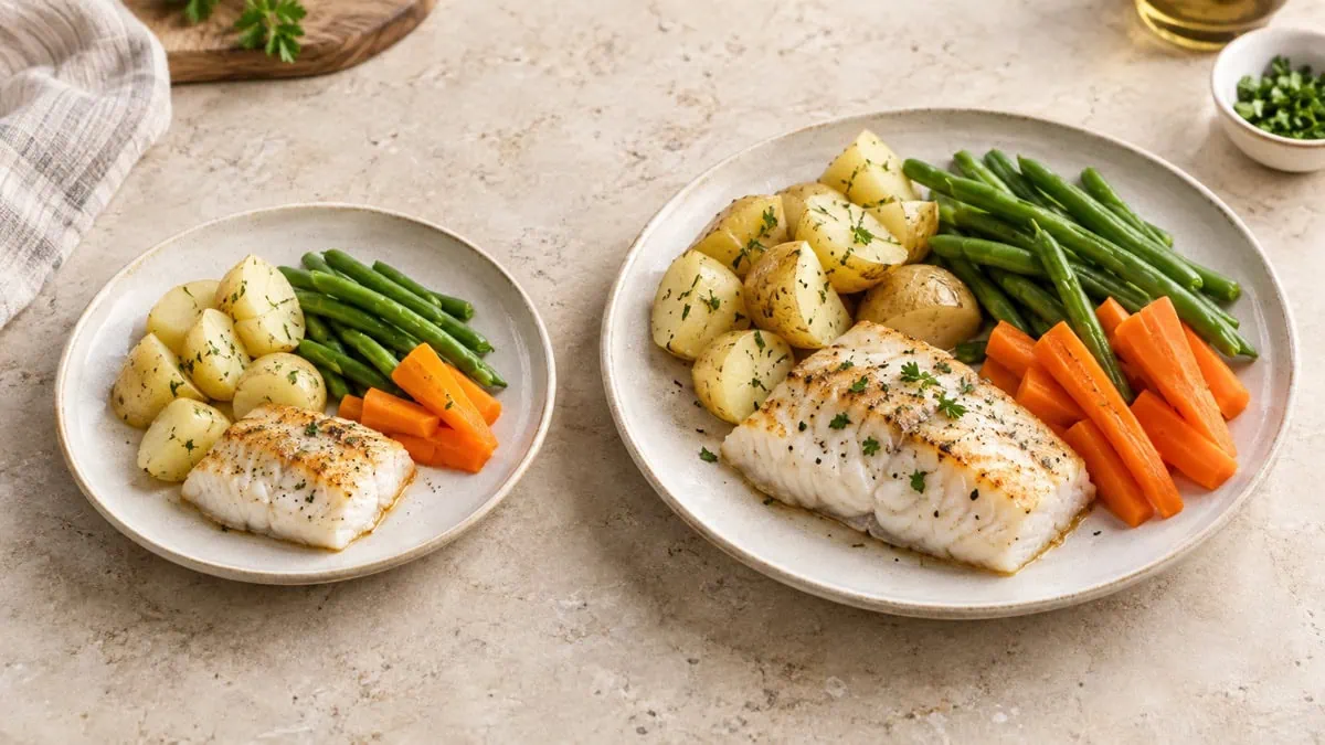 Même repas de poisson, pommes de terre, haricots verts et carottes en portions enfant et adulte