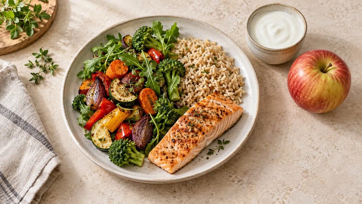 Assiette avec saumon, riz complet, légumes, pomme et yaourt