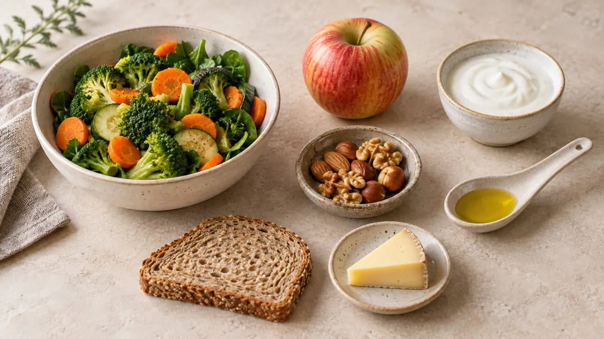 Légumes, pomme, yaourt, noix, huile, pain complet et fromage en portions usuelles