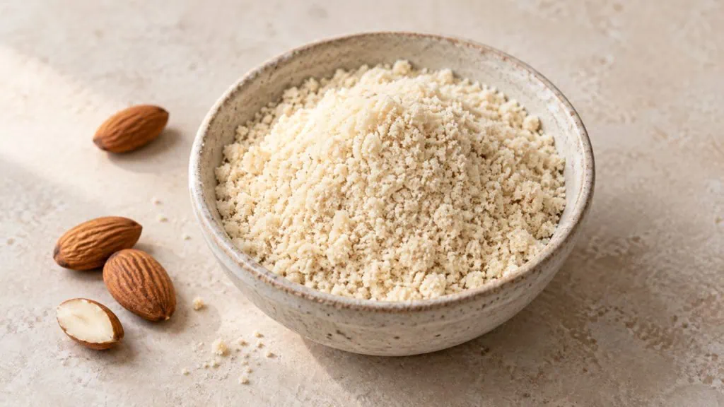 Poudre d’amande dans un bol en grès avec amandes entières
