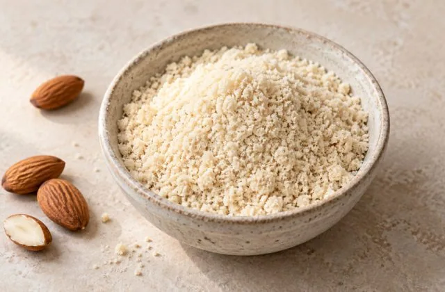 Poudre d’amande dans un bol en grès avec amandes entières