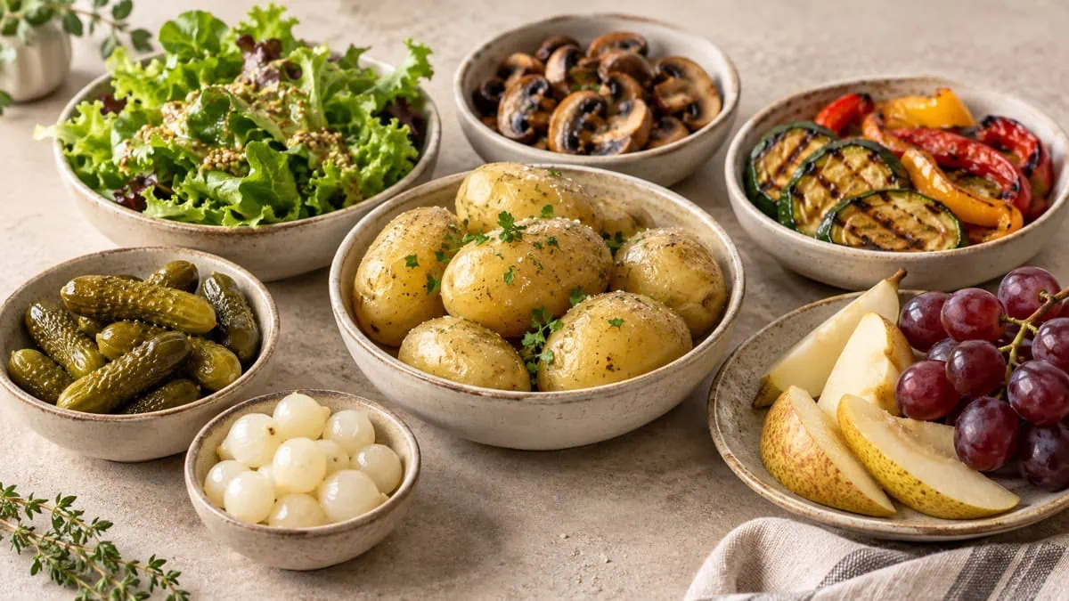 Pommes de terre, cornichons, salade, légumes grillés, poire et raisin pour raclette