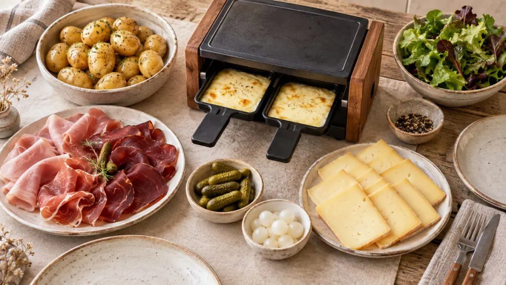 Table de raclette avec fromage, pommes de terre, charcuterie, cornichons et salade