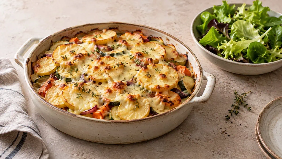 Gratin de pommes de terre et légumes préparé avec du fromage à raclette restant