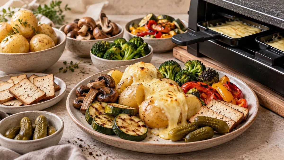 Raclette végétarienne avec pommes de terre, légumes grillés, tofu fumé et fromage