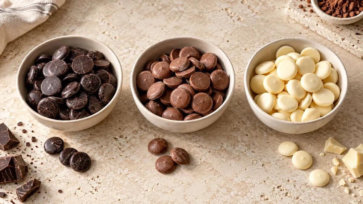 Comparaison de chocolat noir, au lait et blanc en pistoles