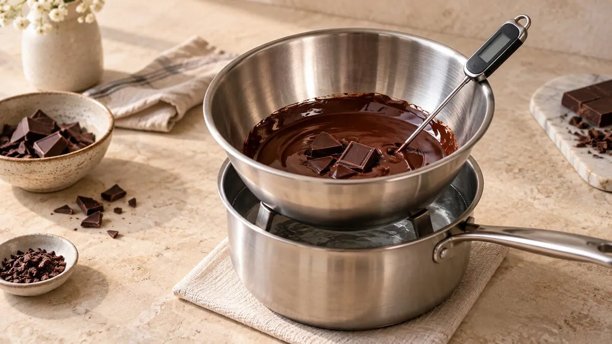 Chocolat noir fondant doucement au bain-marie avec un thermomètre