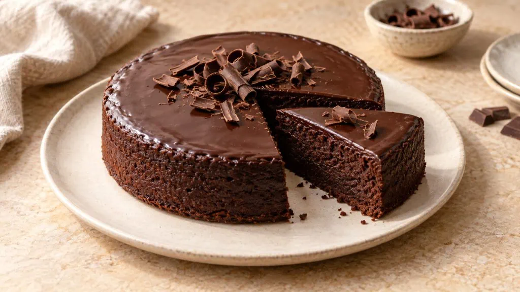 Gâteau fondant au chocolat noir recouvert d’une fine ganache brillante