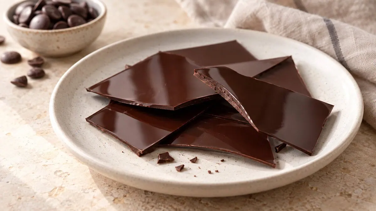 Plaques fines de chocolat noir tempéré, brillantes et cassées net