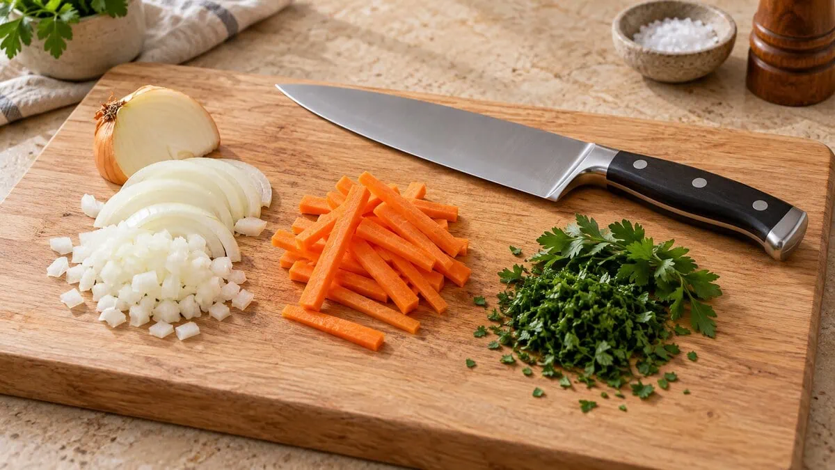 Couteau de chef avec oignon, carottes et persil découpés sur une planche