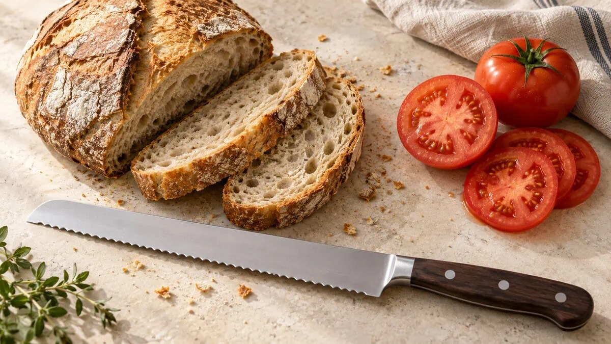 Couteau à pain dentelé avec pain rustique et tomates tranchés
