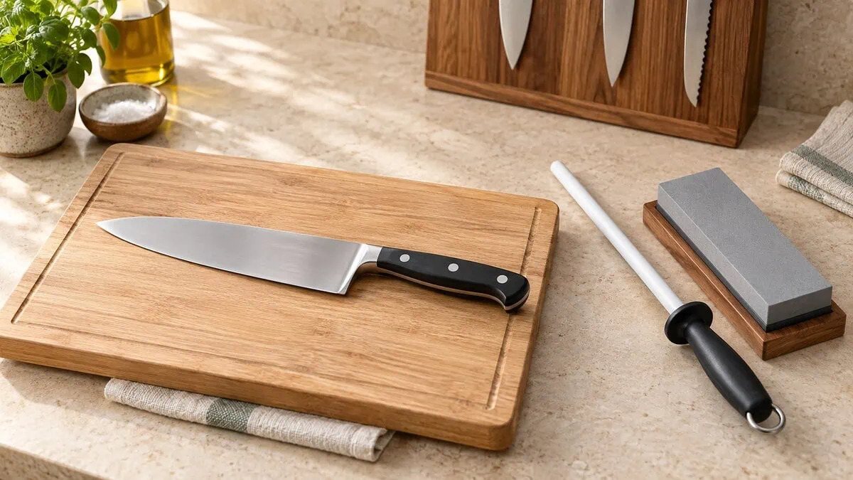 Couteau de chef, fusil et pierre à affûter près d’une planche stabilisée