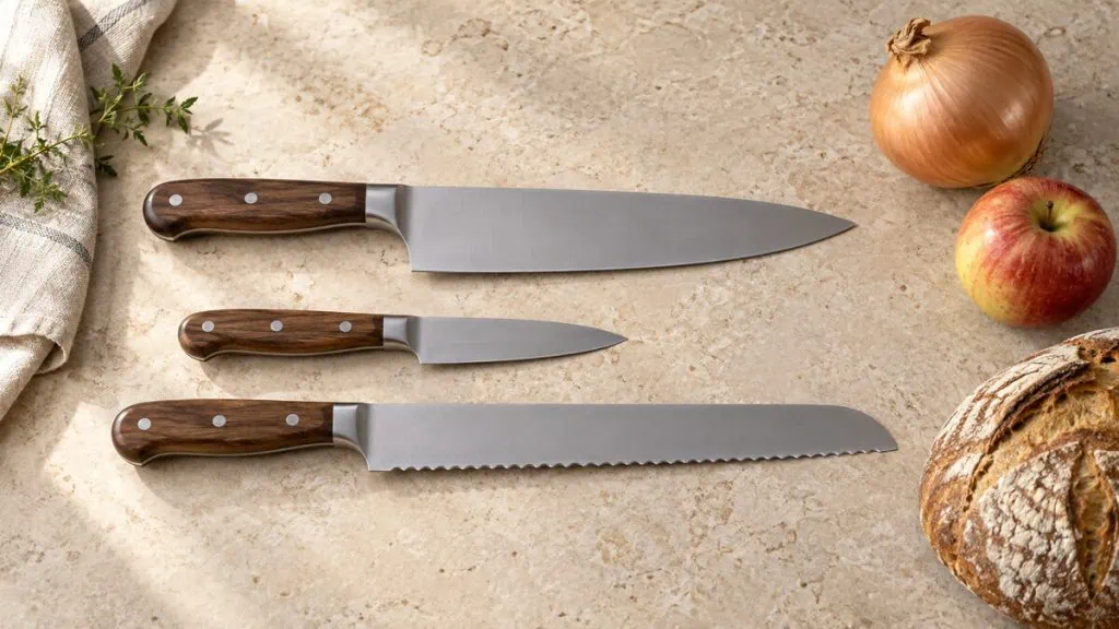 Couteau de chef, couteau d’office et couteau à pain avec les aliments adaptés