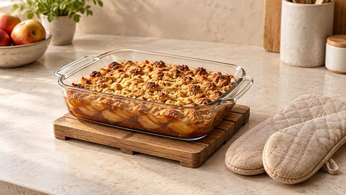 Crumble cuit dans un plat en verre posé sur un dessous-de-plat sec
