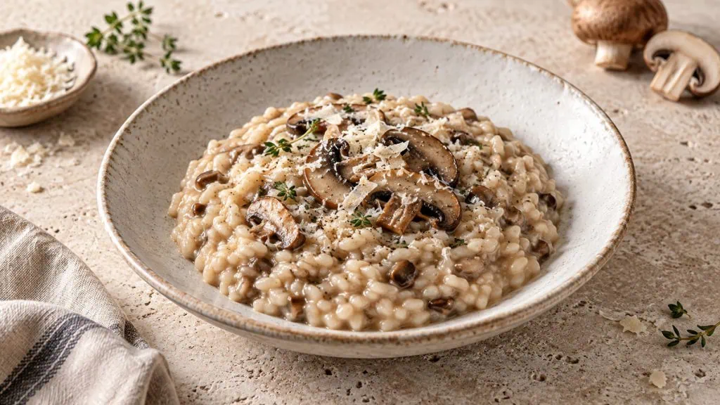 Risotto crémeux aux champignons préparé avec un riz adapté