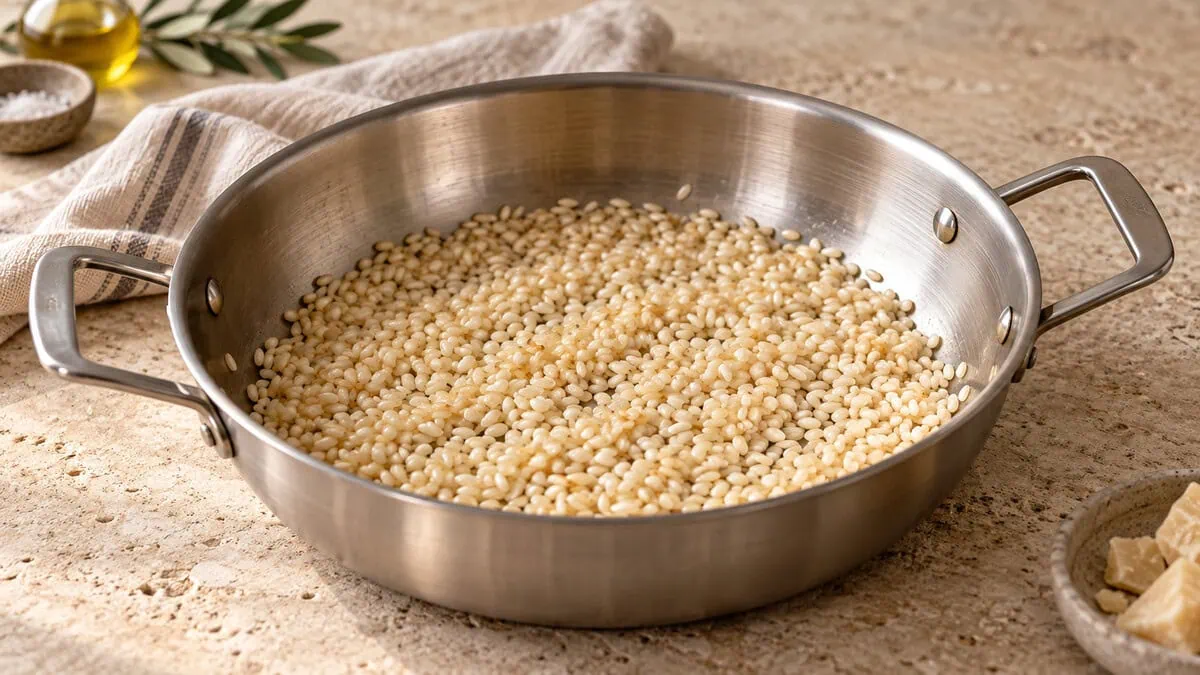 Riz à risotto nacré dans une sauteuse avant ajout du bouillon