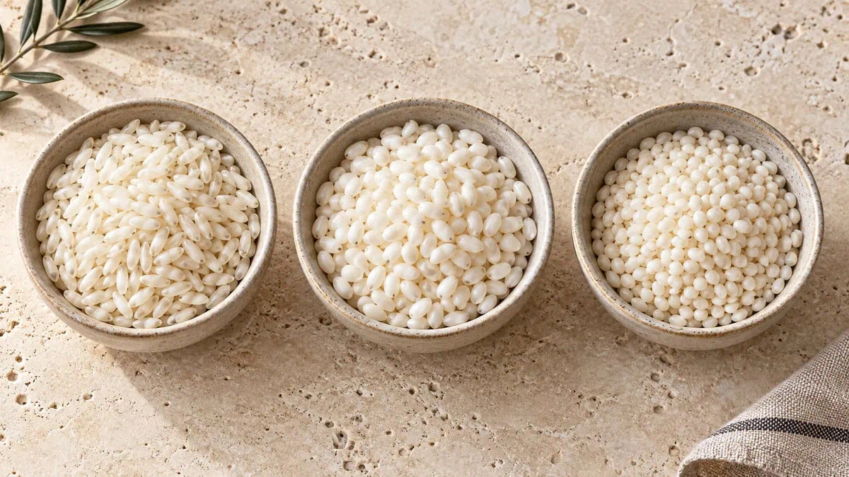 Comparaison visuelle de trois riz italiens pour risotto