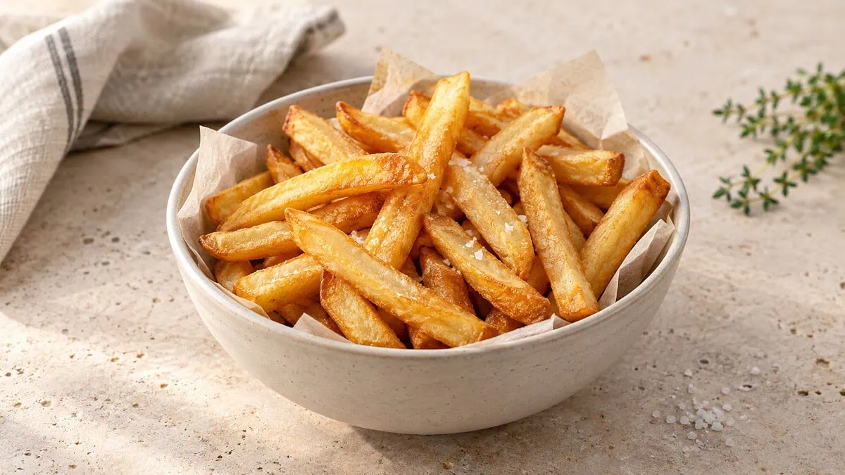Frites maison croustillantes et uniformément dorées dans un bol en grès clair