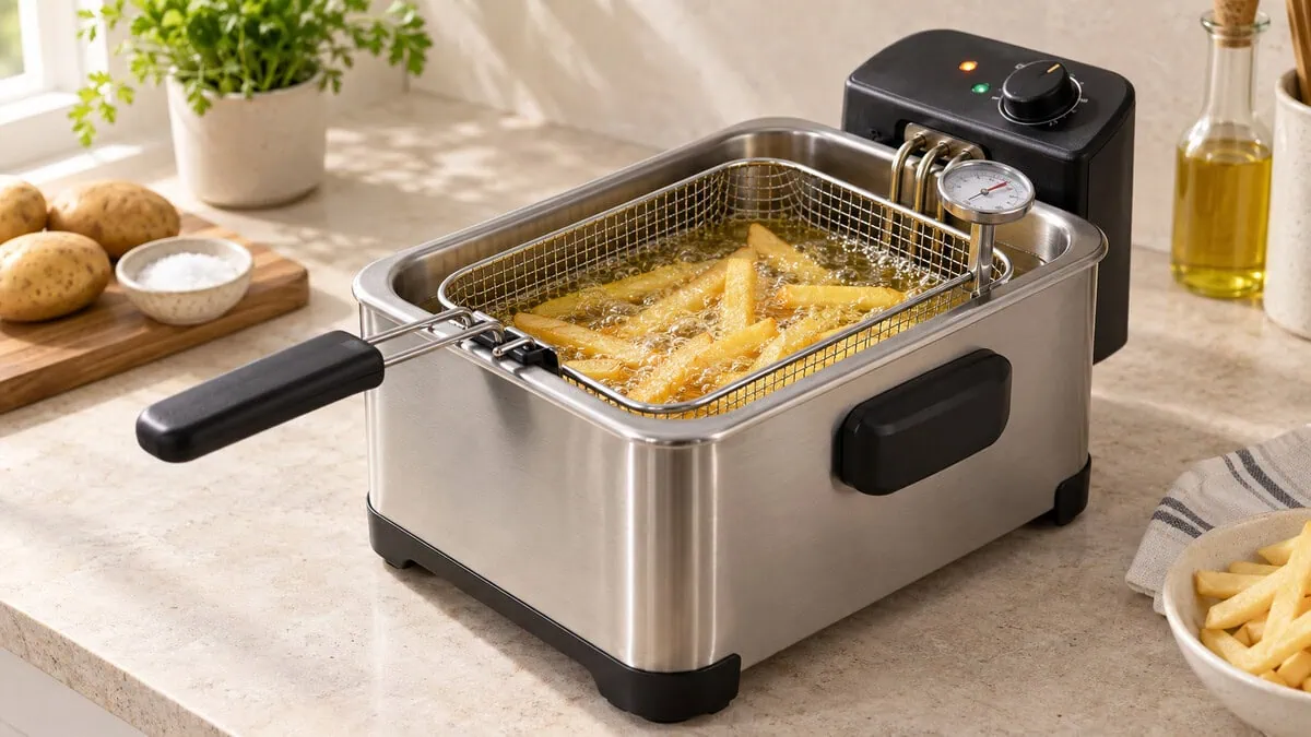 Frites cuisant dans une friteuse électrique équipée d’un thermomètre