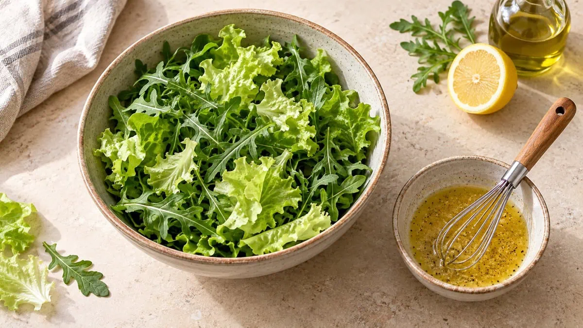 Feuilles de salade sèches et vinaigrette citron moutarde préparée séparément