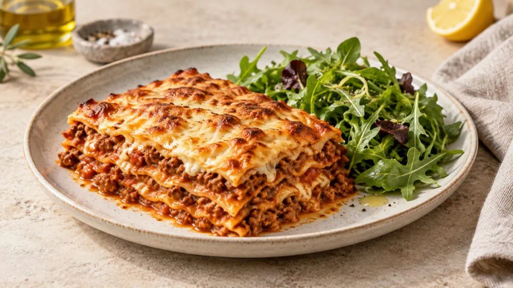 Lasagnes à la bolognaise servies avec une salade verte