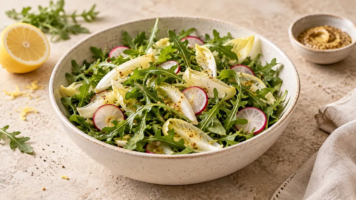 Salade de roquette endive et radis avec vinaigrette citron moutarde