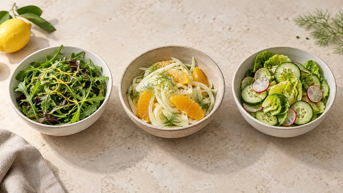 Trois salades légères à servir avec des lasagnes : roquette, fenouil orange et concombre radis