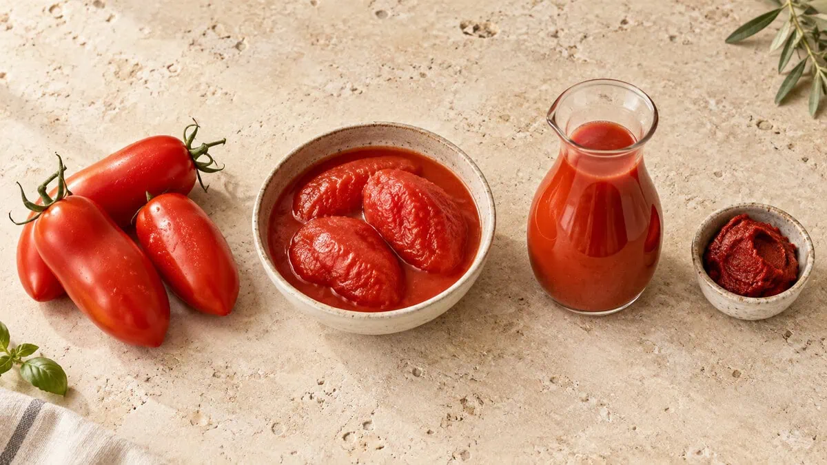 Comparaison de tomates allongées fraîches, tomates pelées, passata et concentré de tomate
