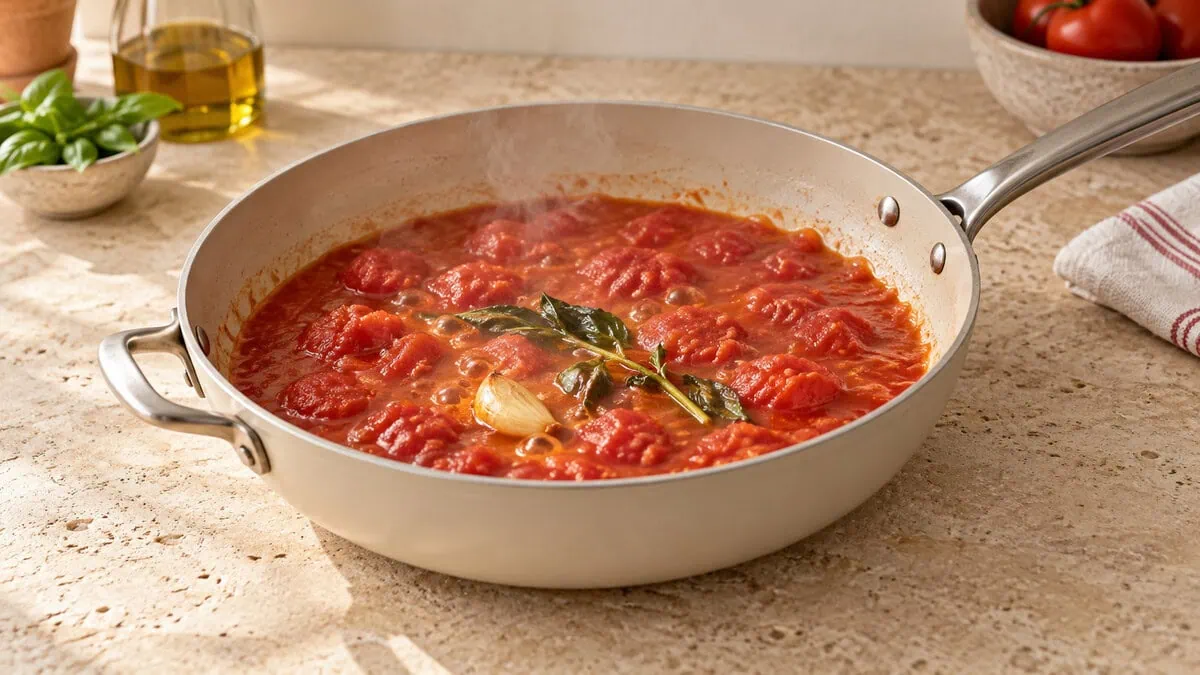 Tomates pelées concassées mijotant doucement avec ail et basilic dans une sauteuse