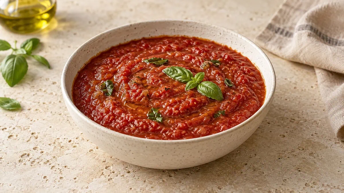 Sauce tomate maison épaisse et légèrement rustique dans un bol en grès clair