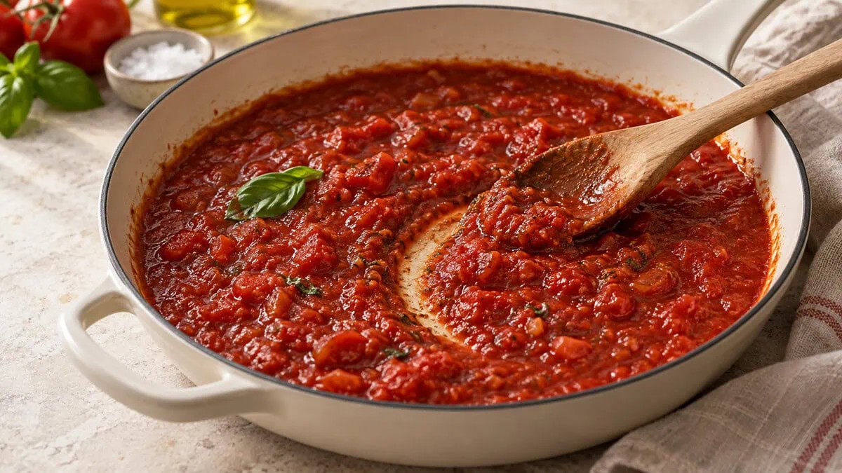 Sauce tomate réduite laissant une trace nette derrière une cuillère en bois