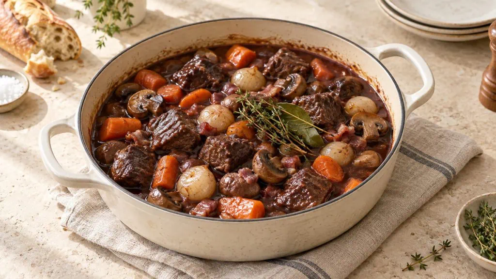 Bœuf bourguignon traditionnel avec morceaux fondants, carottes, champignons et oignons grelots