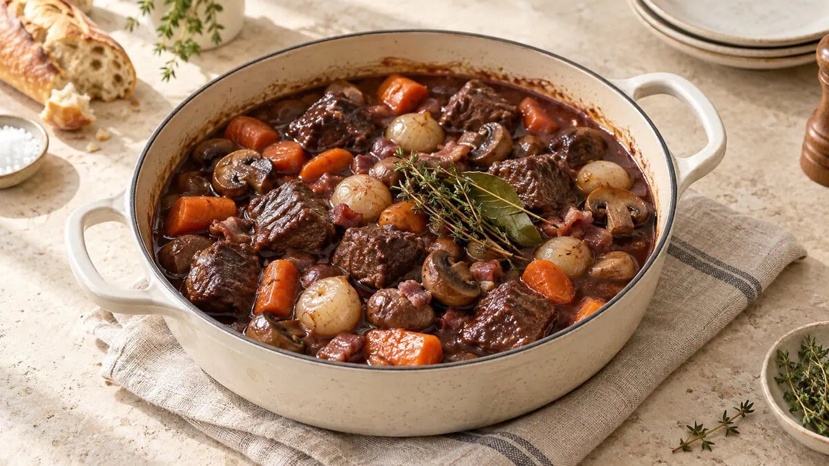 Bœuf bourguignon traditionnel avec morceaux fondants, carottes, champignons et oignons grelots