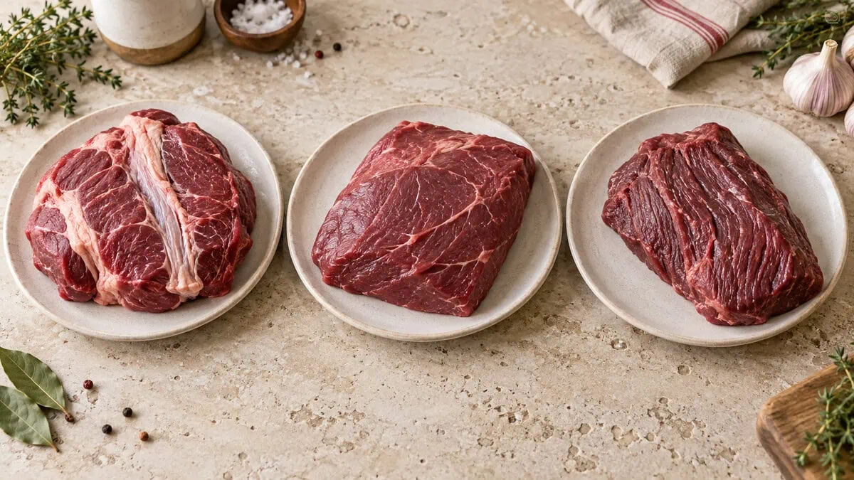 Trois morceaux de bœuf à mijoter représentant le paleron, la macreuse et le gîte
