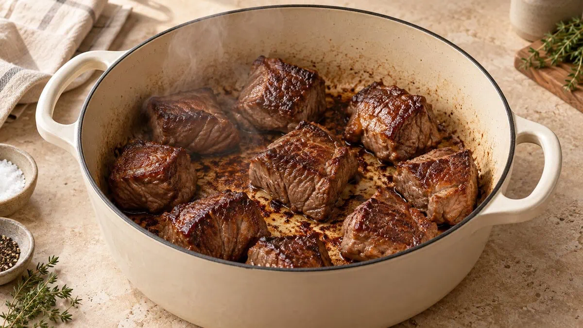 Gros cubes de bœuf correctement dorés en une seule couche dans une cocotte